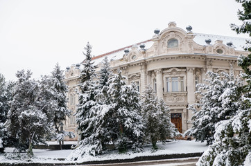 Old baroque building with pines in the garden covered with snow