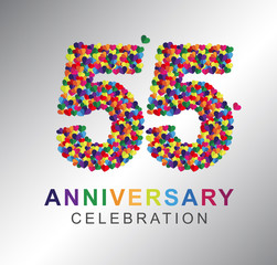 Number fifty-five, 55th years made from multicolor hearts. Love alphabet. anniversary, aniversary, fifty-five years anniversary celebration logotype. 55th anniversary logo. fifty-five years.
