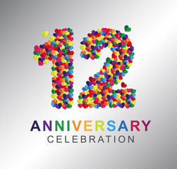 Number twelve, 12th years made from multicolor hearts. Love alphabet. anniversary, aniversary, twelve years anniversary celebration logotype.12th anniversary logo. twelve years.