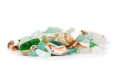 Sea finds. Sea glass and shells on white