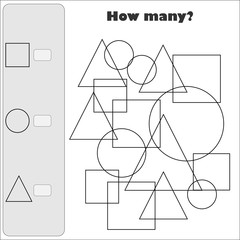 How many counting game with simple geometric shapes for kids, educational maths task for the development of logical thinking, preschool worksheet activity, count and write the result, vector