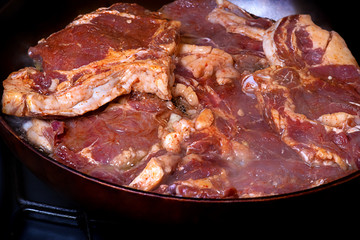 Meat entrecote fried on a frying pan
