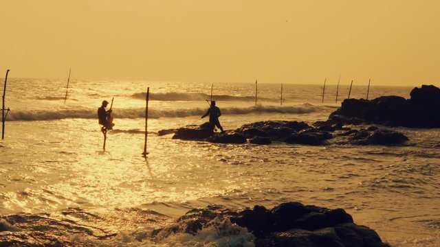 Traditional Sri Lanka sea fishermen at work under sunset sunlight. Most popular cultural icon for travelers on the ocean beaches in Sri Lanka.