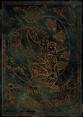 Fototapeta na wymiar Zodiac sign Cancer on blue grunge texture background. Hand drawn fantasy graphic illustration in frame