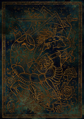 Fototapeta na wymiar Zodiac sign Scorpio on blue grunge texture background. Hand drawn fantasy graphic illustration in frame