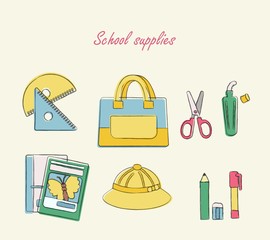 手描き風学用品ベクターイラストのセット