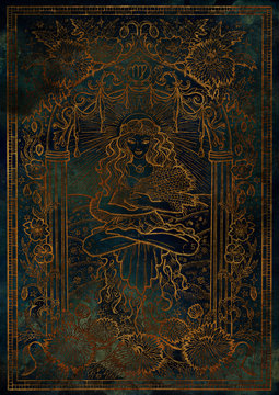 Zodiac sign Virgo on blue grunge texture background. Hand drawn fantasy graphic illustration in frame