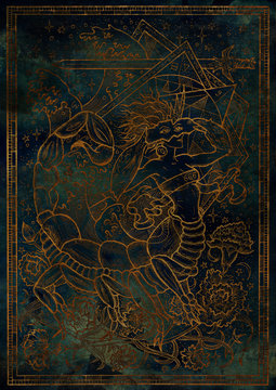 Zodiac sign Scorpio on blue grunge texture background. Hand drawn fantasy graphic illustration in frame