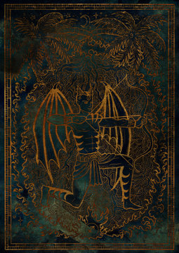 Zodiac sign Sagittarius on blue grunge texture background. Hand drawn fantasy graphic illustration in frame