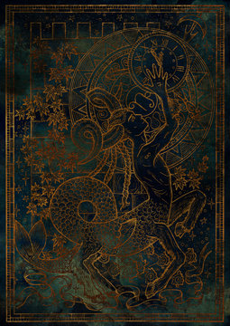 Zodiac sign Capricorn on blue grunge texture background. Hand drawn fantasy graphic illustration in frame