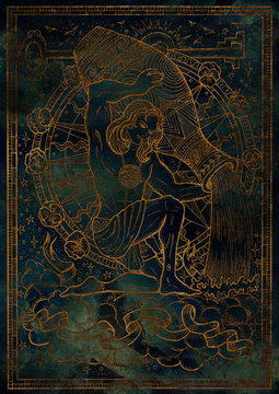 Zodiac sign Aquarius on blue grunge texture background. Hand drawn fantasy graphic illustration in frame