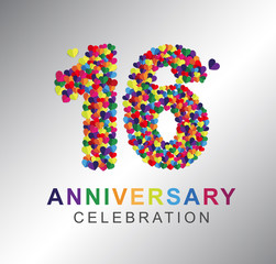 Number sixteen, 16th years made from multicolor hearts. Love alphabet. anniversary, aniversary, sixteen years anniversary celebration logotype. 16th anniversary logo. sixteen years.