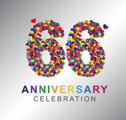 Number sixty-six, 66th years made from multicolor hearts. Love alphabet. anniversary, aniversary, sixty-six years anniversary celebration logotype. 66th anniversary logo. sixty-six years.