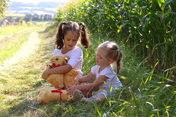 Two little girls with plush hares in their hands are sitting on a rural road near a cornfield
