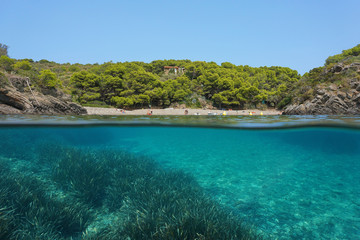 Mediterranean sea peaceful cove with seagrass underwater, split view above and below water surface, Spain, Costa Brava, Cala Guillola, Cadaques, Cap de Creus, Catalonia