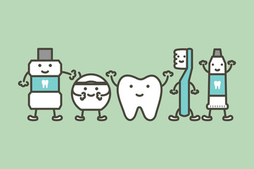 healthy tooth and funny friend toothbrush, toothpaste, mouthwash and floss, dental care concept