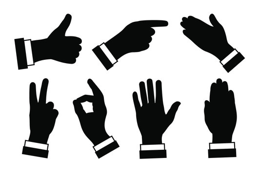  silhouettes of hands, different signs and symbols, black image on white background