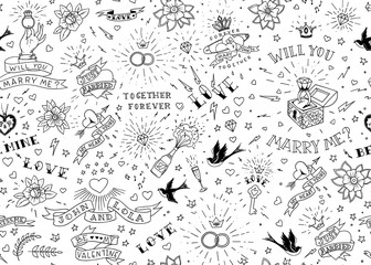 Naklejka premium Old school tatuaże seamles wzór z ptakami, kwiatami, różami i sercami. Motyw miłości i ślubu. Czarno-biały tradycyjny projekt tatuażu. Ilustracji wektorowych.