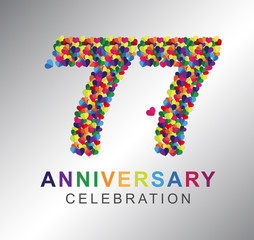 Number seventy-seven, 77th years made from multicolor hearts. Love alphabet. anniversary, aniversary, seventy-seven years anniversary celebration logotype. 77th anniversary logo. seventy-seven years.