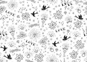 Old school tattoos seamles pattern with birds, flowers, roses and hearts. Love and wedding theme. Black and white traditional tattoo design. Vector illustration. - obrazy, fototapety, plakaty