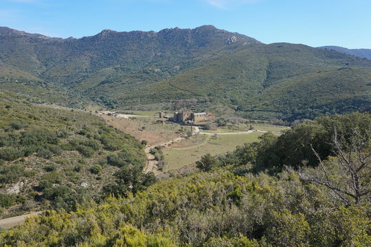 Spain landscape, the valley and monastery Sant Quirze de Colera near Rabos, Catalonia, Alt Emporda, Girona