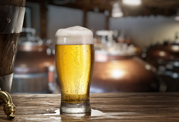 Frosty glass of light beer on the bar counter.