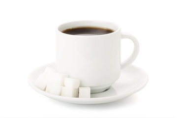 Cup of coffe whith white sugar cubes