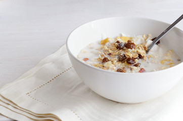 Muesli  bowl with  mix of unprocessed whole grains, nuts, seeds, fruit and vegan milk. Delicious breakfast meal for  energize your day. Heathy food lifestyle.