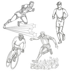 A collection of doodle art illustrations that includes the following sports; track and field runner, marathon or triathlete runner, obstacle course race and bicycle or cycling done in black and white.