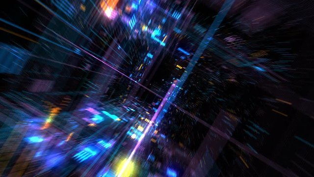 Flight into cosmic futuristic HUD tunnel seamless VJ loop for music videos, night clubs, audiovisual show and performance, LED screens and projection mapping. 4K 3D render loop