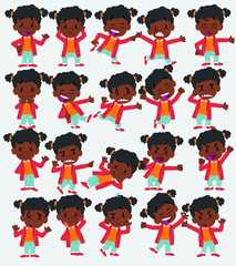 Cartoon character of a black girl. Set with different postures, attitudes and poses, doing different activities in isolated vector illustrations.
