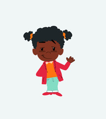 Black girl waving with a dreamy expression.