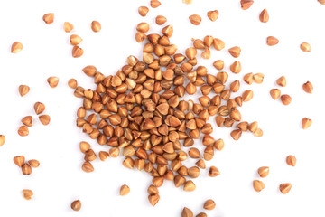 buckwheat grain isolated on white background close up. Top view
