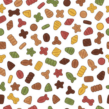 Collection of images on the theme of dry food for cats and dogs. Vector snacks for pets pattern.