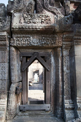 Dangrek Mountains Cambodia, view of reinforced ornate doorway at the 11th century Preah Vihear Temple complex