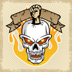 vector of skull and fist with flame on grunge frame