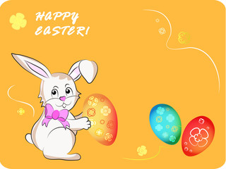 Happy Easter Bunny and Colorful Eggs. Vector Color Illustration Greeting Card rectangular format