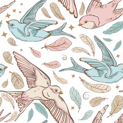 Seamless pattern with swallow birds and beautiful flowers. Vector embroidery for fashion textile and fabric.
