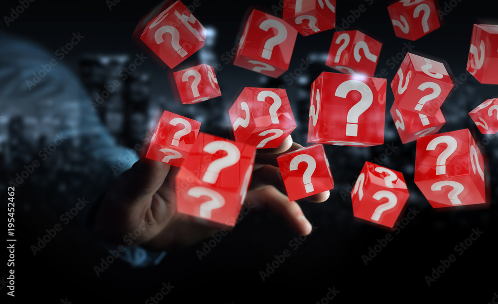 Poster businessman using cubes with 3d rendering question marks