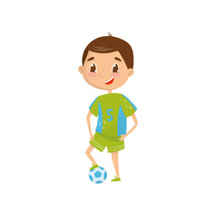 Obraz premium Smiling teen boy wants to be professional football player in future. Career day in school. Dream profession. Cartoon child in green sports wear. Flat vector design