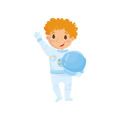 Cute red-haired teen boy wants to be cosmonaut in future. Cartoon child wearing astronaut costume and holding protective helmet. Dream profession. Flat vector design