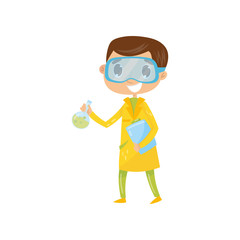 Teen boy interested in becoming famous chemist. Cartoon kid in yellow coat and protective glasses, holding flask with liquid and folder. Dream job. Flat vector design