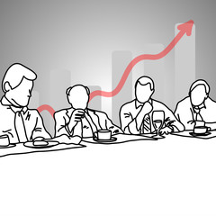 four business people talking to each other in meeting room with gray graph up  vector illustration doodle sketch hand drawn with black lines isolated on gray background. Business concept.