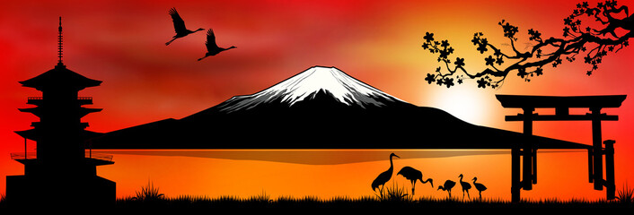 Mount Fuji at sunset 1. Silhouette Fuji mountain at sunset