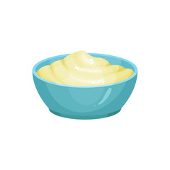 Blue ceramic dip bowl filled with creamy cheese sauce. Delicious cooking ingredient. Traditional garnish for nachos. Culinary theme. Colorful flat vector design