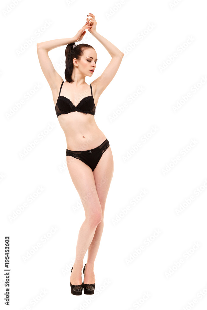 Poster full portrait of sexy lady in black lingerie, isolated on white background