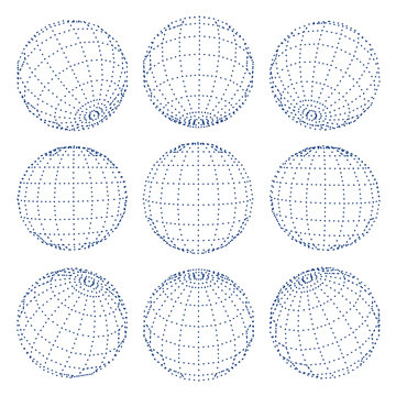 Set of 3d spheres globe earth grid from different sides. Horizontal and vertical lines, latitude and longitude. Neural information concept. Vector globe