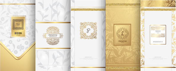 Collection of design elements,labels,icon,frames, for packaging,design of luxury products.for perfume,soap,wine, lotion. Made with golden foil.Isolated on white background.vector illustration