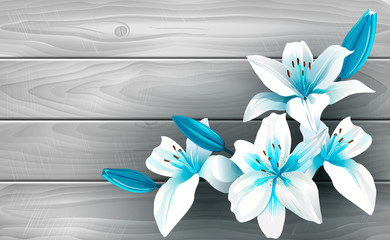 Blue and white flowers on wood.  illustration of blue and white blooming flowers on gray wooden background.