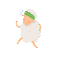 Funny little sheep with green sport headband doing morning exercises. Cartoon character of domestic animal with fluffy wool. Flat vector design for postcard or sticker